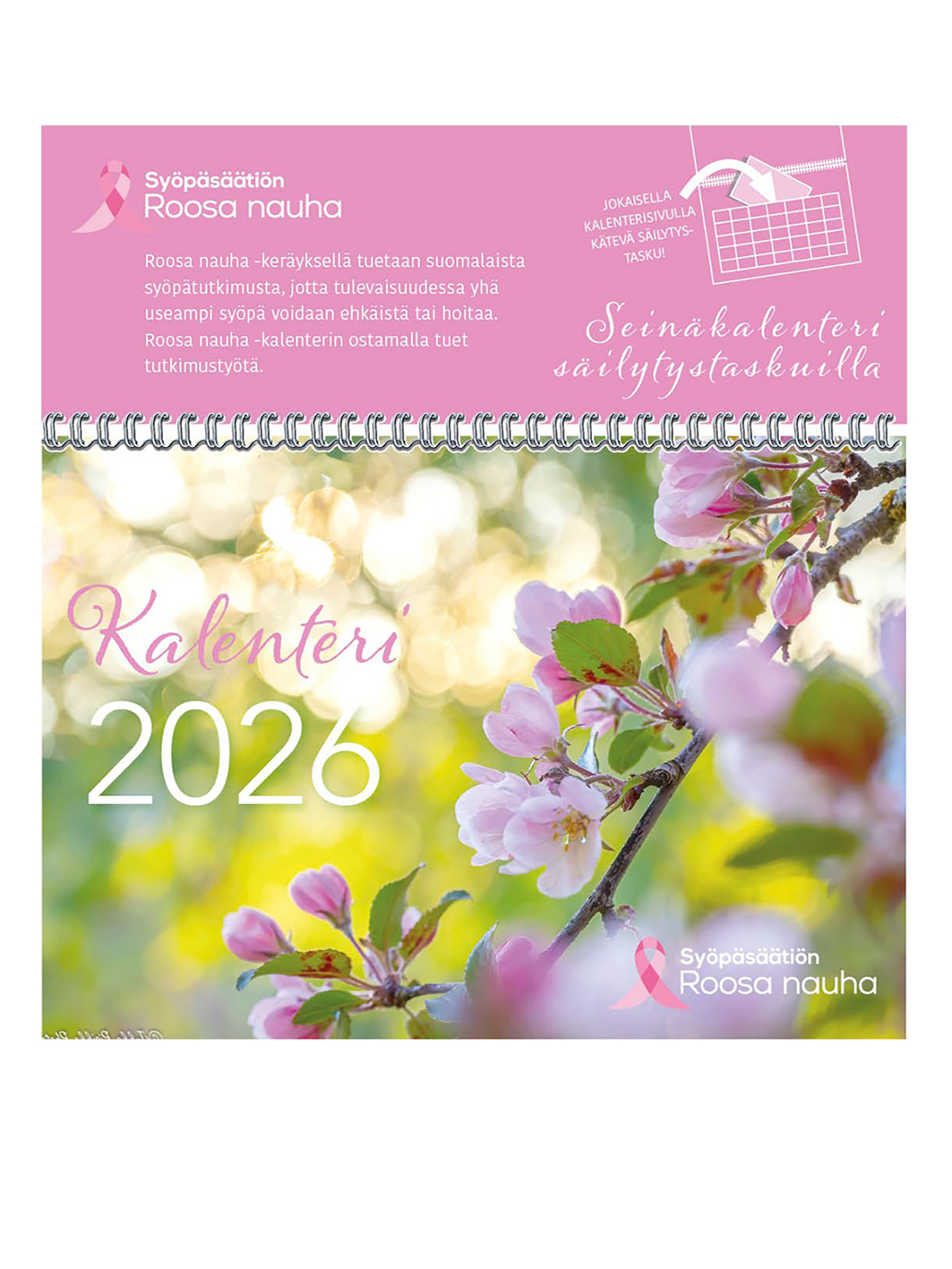 Kalenteri 2026 seinäkalenteri Roosa nauha säilytystaskuilla